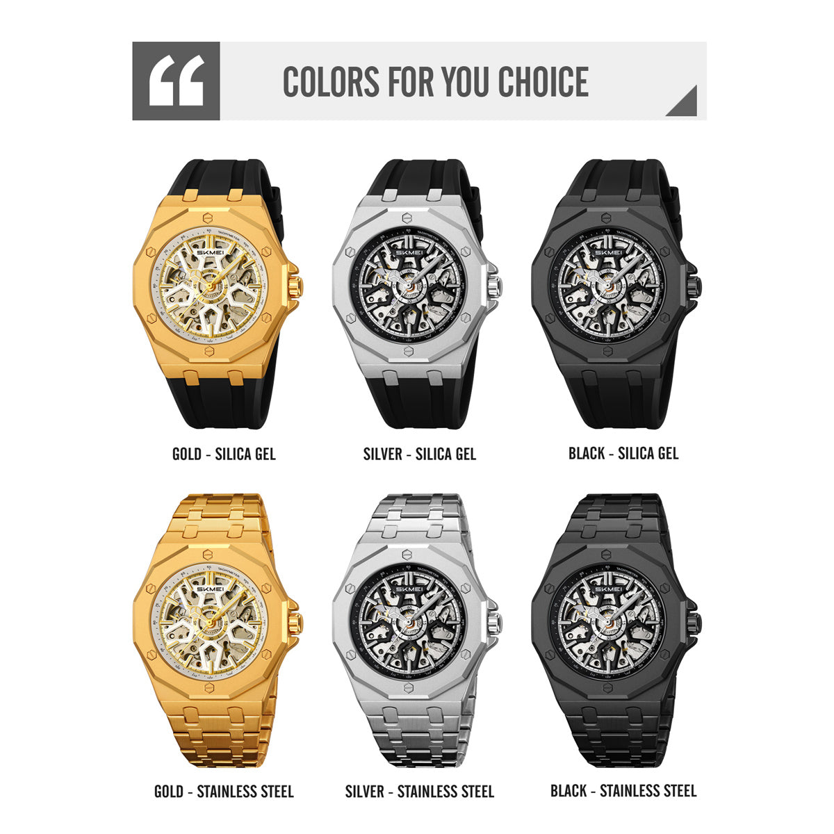 Colores disponibles del reloj SKMEI M036: dorado, plata y negro