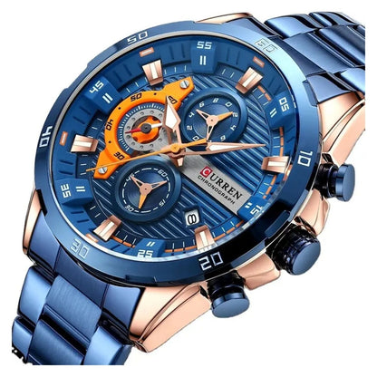 Reloj Curren 8402 azul en ángulo, detalle de la carátula y los subdiales