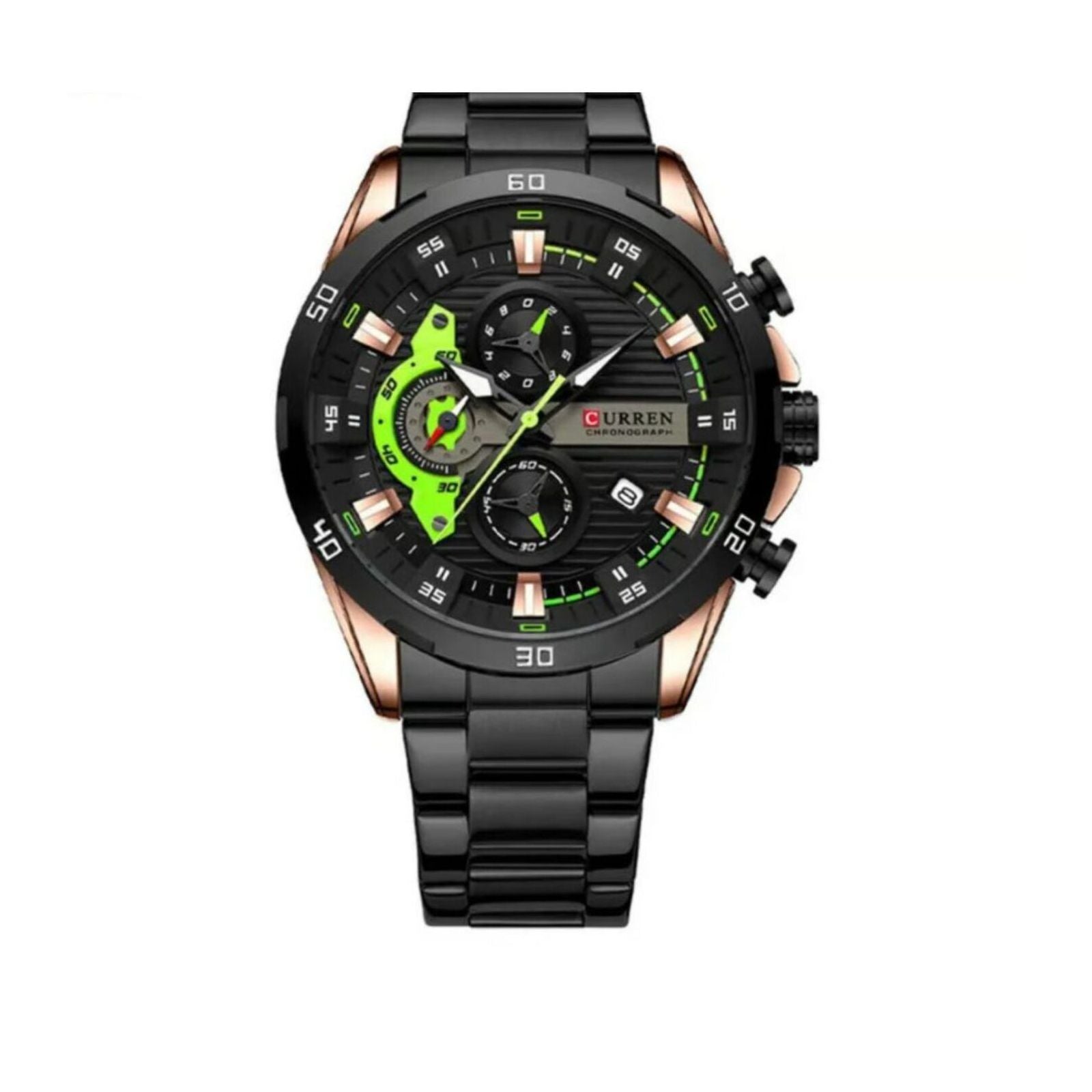 Reloj Curren 8402 negro con detalles verdes y pulsera de acero inoxidable