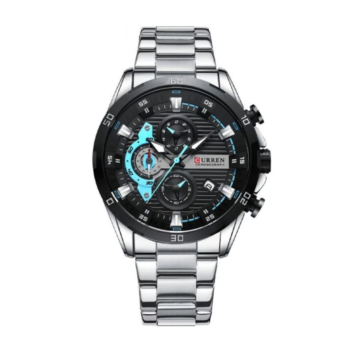 Reloj Curren 8402 plateado con carátula negra y detalles celestes, pulsera de acero inoxidable