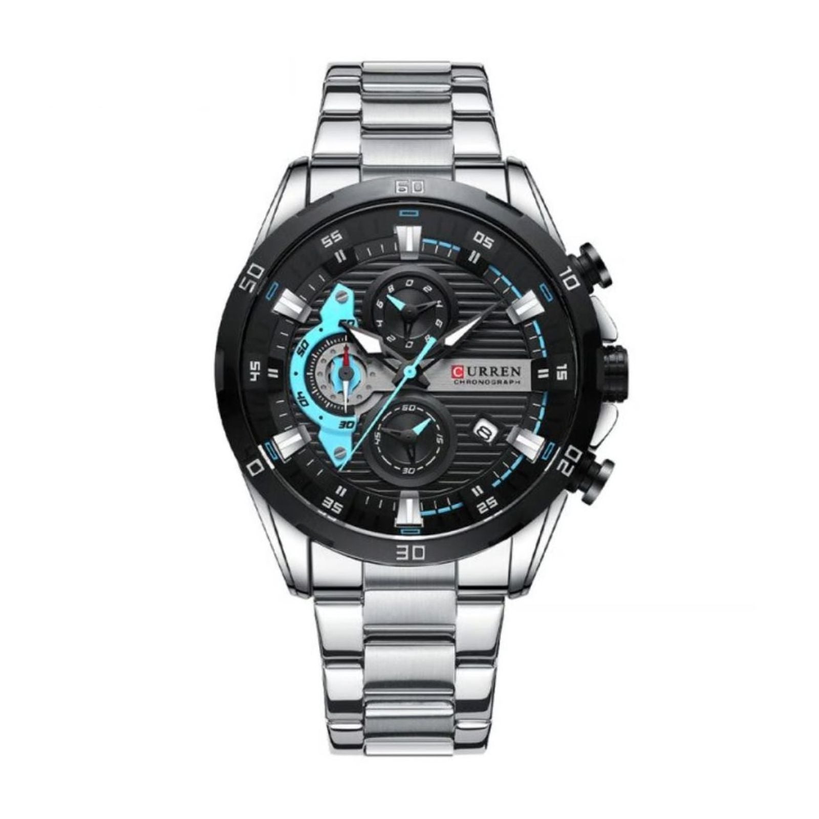 Reloj Curren 8402 plateado con carátula negra y detalles celestes, pulsera de acero inoxidable