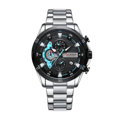 Reloj Curren 8402 plateado con carátula negra y detalles celestes, pulsera de acero inoxidable