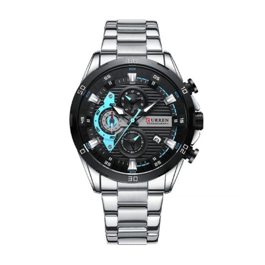 Reloj Curren 8402 plateado con carátula negra y detalles celestes, pulsera de acero inoxidable
