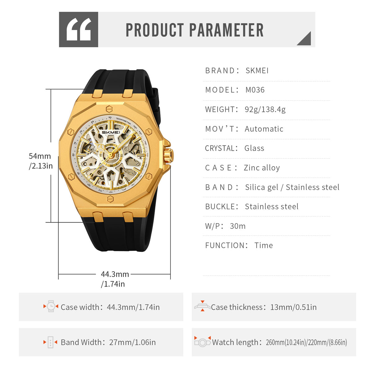 Ficha técnica y medidas del reloj SKMEI M036