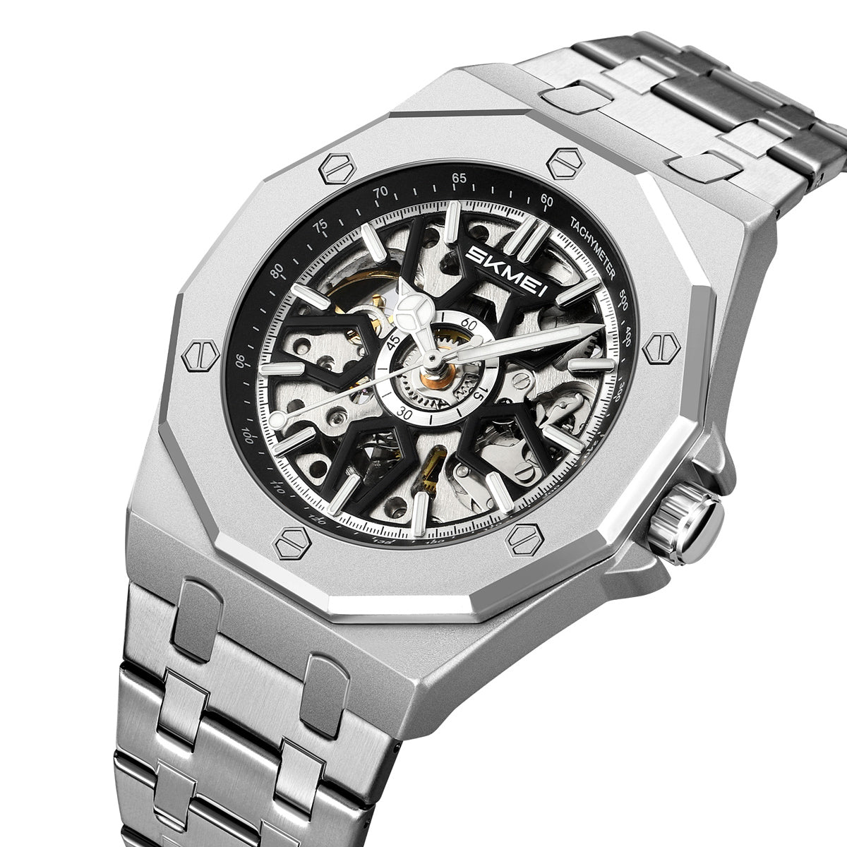 Reloj SKMEI M036 automático esqueleto plateado con brazalete de acero inoxidable