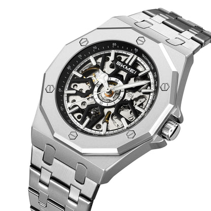 Reloj SKMEI M036 automático esqueleto plateado con brazalete de acero inoxidable