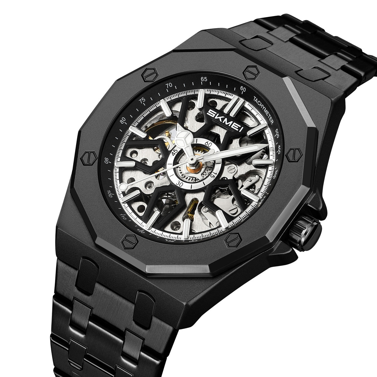 Reloj SKMEI M036 automático esqueleto negro con brazalete de acero inoxidable