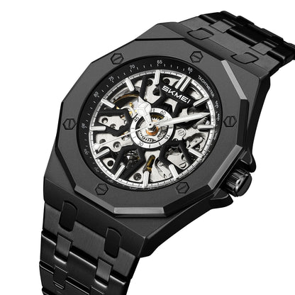 Reloj SKMEI M036 automático esqueleto negro con brazalete de acero inoxidable
